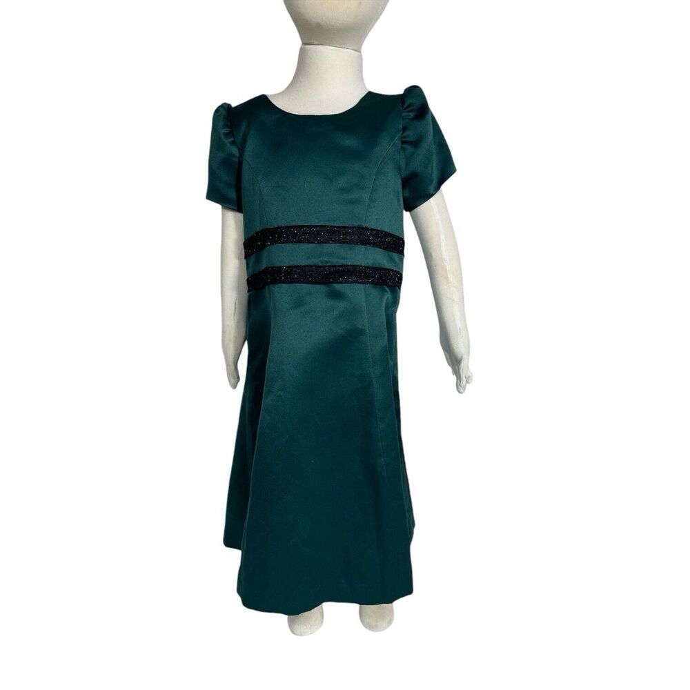 Girls Emerald Green Satin Holiday Dress Sparkle Bow Sz 6/7